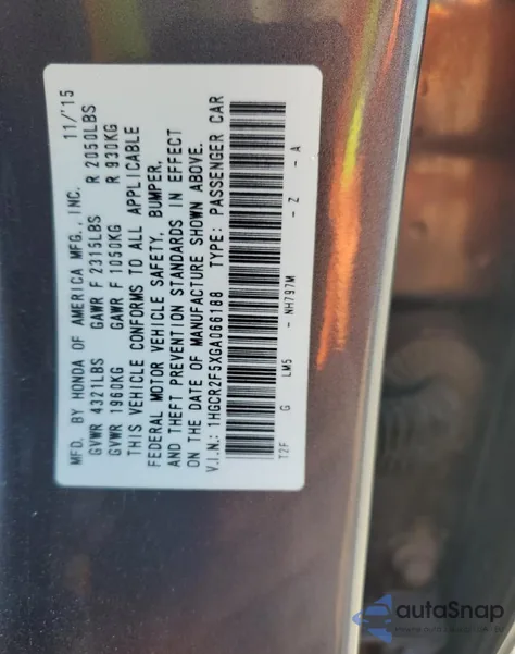 2016 Honda Accord Sport from USA, damaged, VIN 1HGCR2F5XGA066188